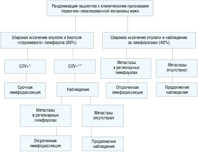 Рис. 3. Дизайн исследования MSLT-1.*— наличие микрометастазов в «сторожевых» лимфоузлах. **— отсутствие мирометастазов в «сторожевых» лимфоузлах.