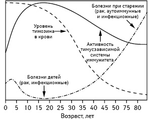 Рис. 2. Сопряженность уровня ТСФ в крови с активностью тимусзависимой системы иммунитета и частотой возникновения онкологических, аутоиммунных и инфекционных заболеваний с возрастом у людей