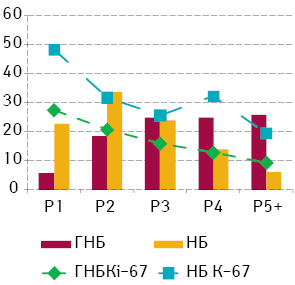 Рис. 3. Відносний вміст (%) клітин різних рангів за вмістом ДНК та мітотична активність (% пухлинних клітин, ядра яких експресують Кі-67) у НБ (% ядер мічених Кі-67; РХ — ранги за вмістом ДНК)