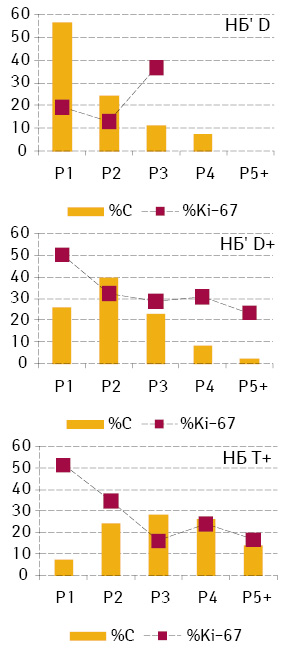 Рис. 4. Відносний вміст (%C) клітин різних рангів за вмістом ДНК та мітотична активність (%Кі-67) у НБ’ з різним середнім вмістом ДНК (D — диплоїдні, D+ — проміжні між ди- та тетраплоїдними, T+ — тетра- та гіперплоїдні пухлини. РХ — ранги за вмістом ДНК)