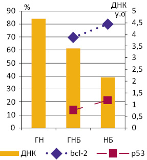 Рис. 1. Середній вміст ДНК (у.о.) у ядрах пухлинних клітин, частки (%) клітин, що експресують bcl-2 та р53