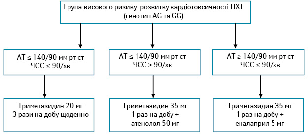 Рис. 4. Алгоритм терапії супроводу ХТ, розроблений для застосування у хворих із ЗПГЗ із високим ризиком розвитку кардіоваскулярної токсичності